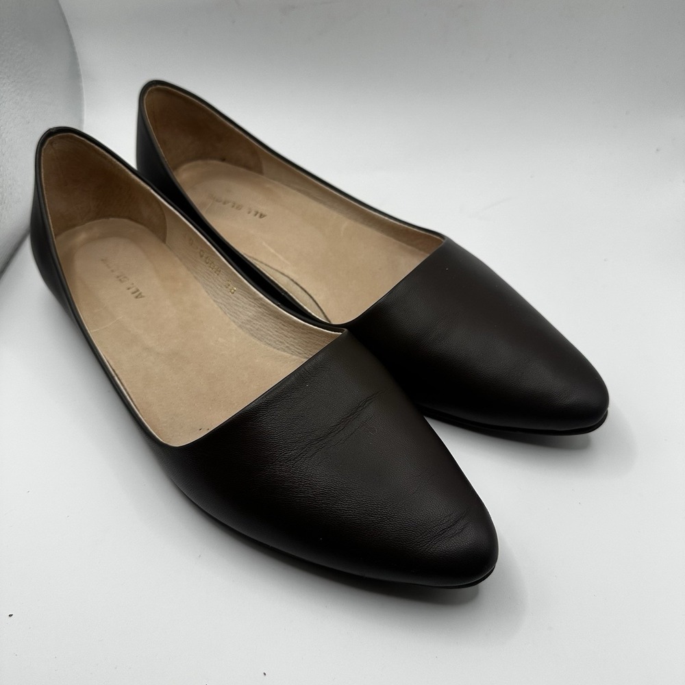 ALL BLACK Dark Brown Leather Pointed Flats Quiet Luxury Size 7.5 EU 38 MSRP $189